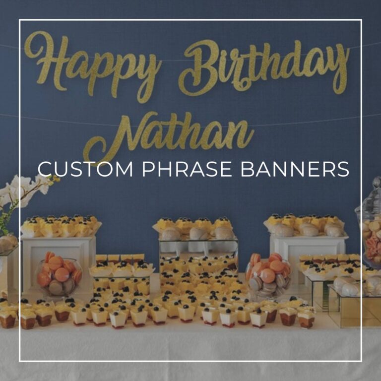 Happy Birthday Nathan custom phrase party banner hanging above a party dessert table