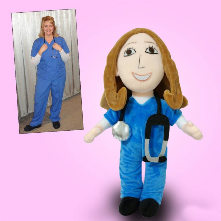 Nurse in blue scrubs next to her custom plush doll wearing matching scrubs and stethoscope