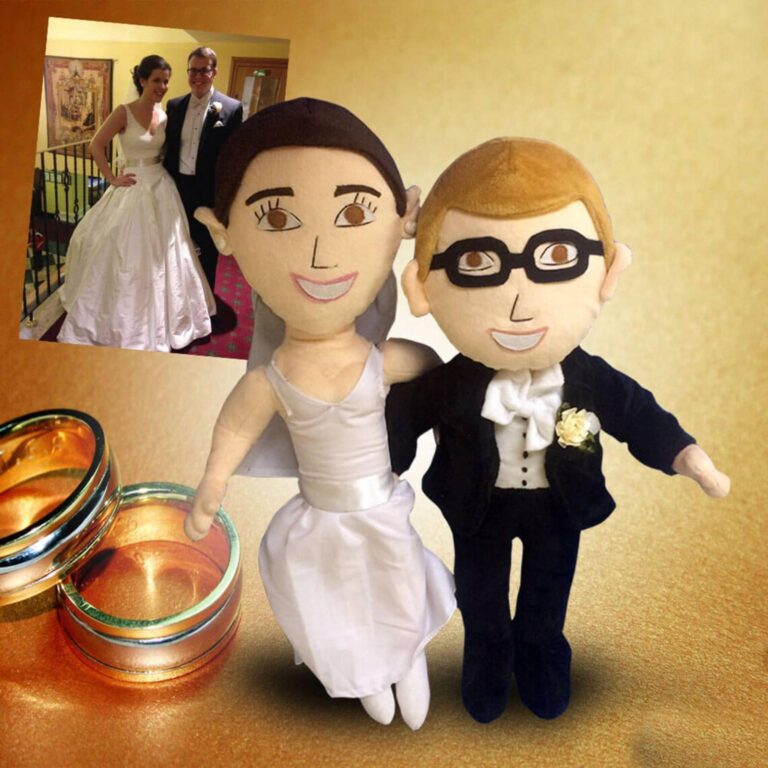 Custom bride and groom plush dolls dressed in wedding gown and tuxedo