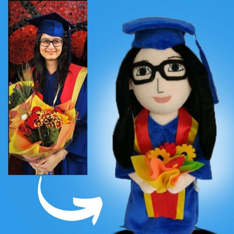 Graduate custom plush doll wearing cap, gown, and holding a flower bouquet