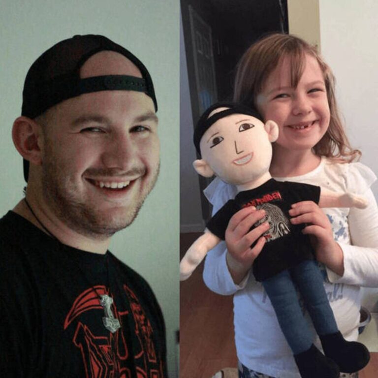 Little girl hugging a small custom plush doll wearing an Iron Maiden t-shirt