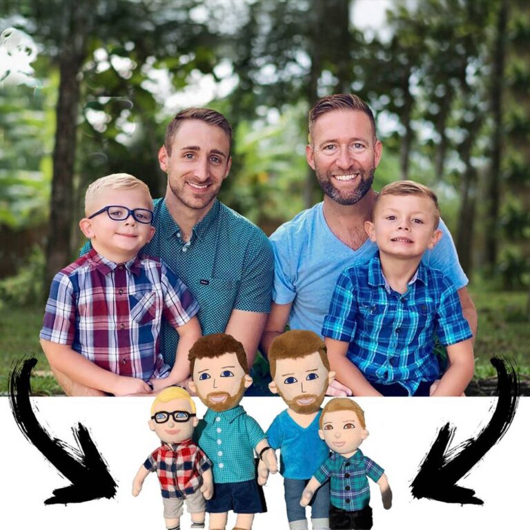 Two-dad family of four matched with four custom plush dolls in coordinating outfits