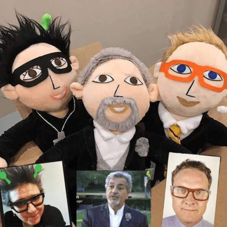 Three custom plush dolls styled as a punk rocker, a bearded gentleman, and a man in glasses