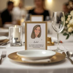 Framed illustrated portrait place card for Rachel on a gold charger plate, unedited product photo