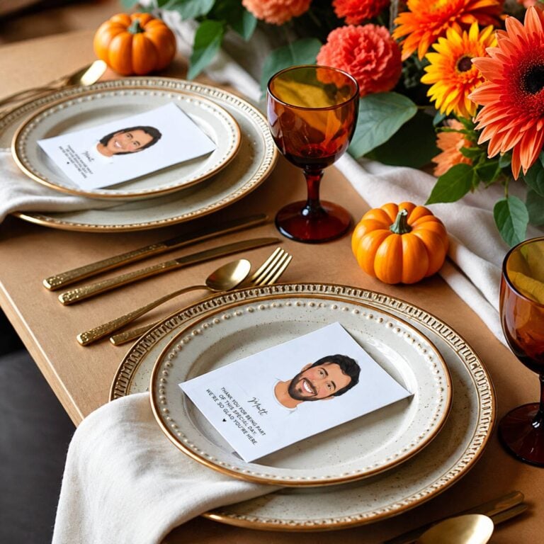 Illustrated portrait place cards for Matt on beige plates with amber glasses, pumpkins and orange flowers
