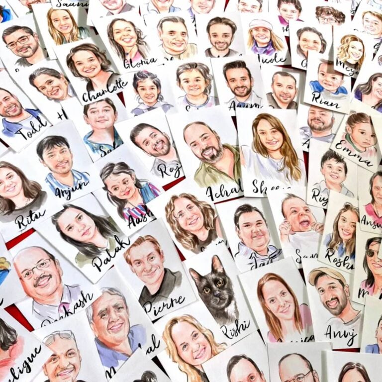 Many hand-painted watercolour portrait place cards with names such as Charlotte, Todd, Arjun and Emma