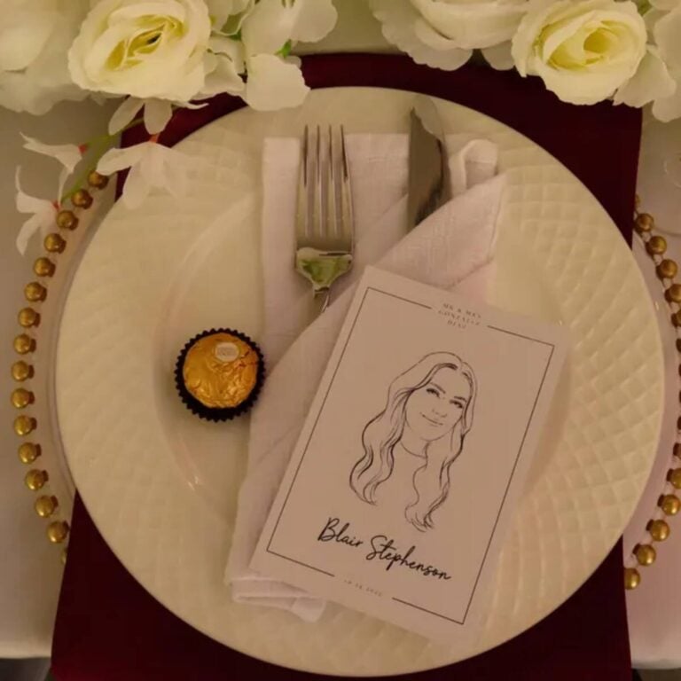 Line-drawn portrait card for Blair Stephenson on a white plate with a Ferrero Rocher chocolate