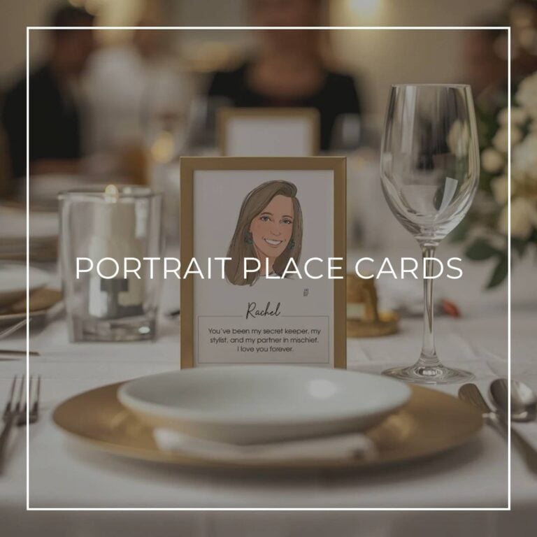 Custom portrait place cards: illustrated portrait of a woman named Rachel on a framed card at a wedding table
