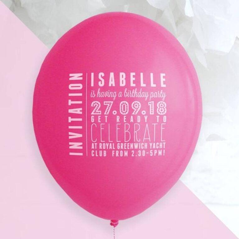 Custom printed hot pink balloon invitation for Isabelle’s birthday party with date and venue