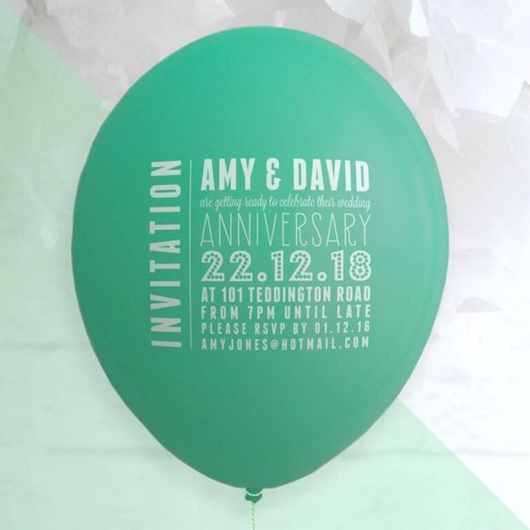 Custom printed green balloon invitation for Amy and David’s wedding anniversary party