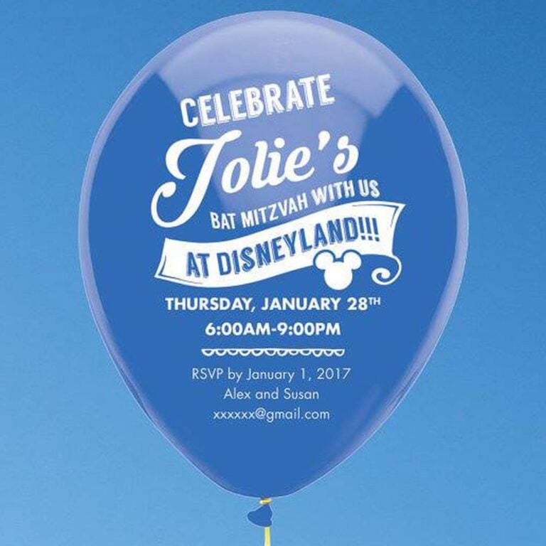 Custom printed blue balloon invitation for a Bat Mitzvah celebration at Disneyland