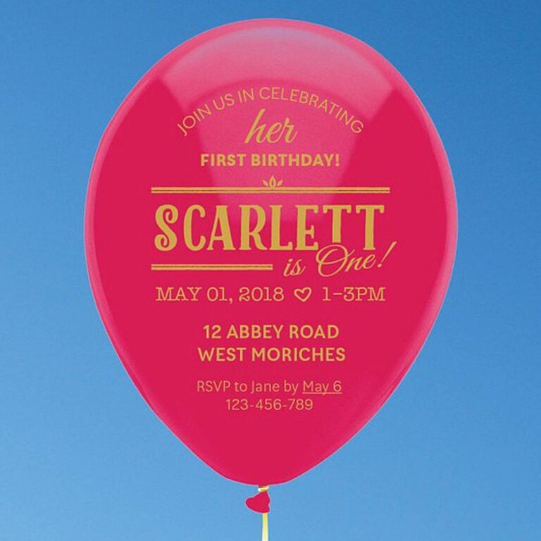 Custom printed pink and gold balloon invitation for Scarlett’s first birthday party