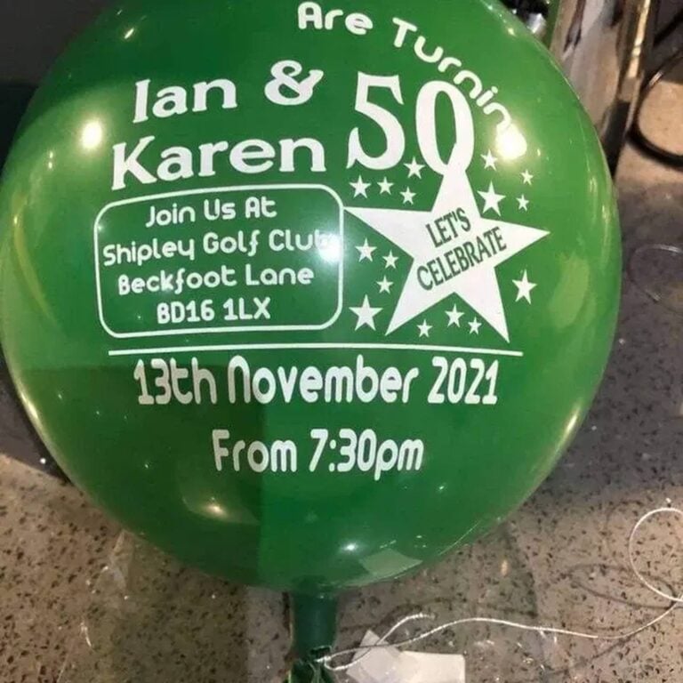 Custom printed green balloon invitation for Ian and Karen’s joint 50th birthday party
