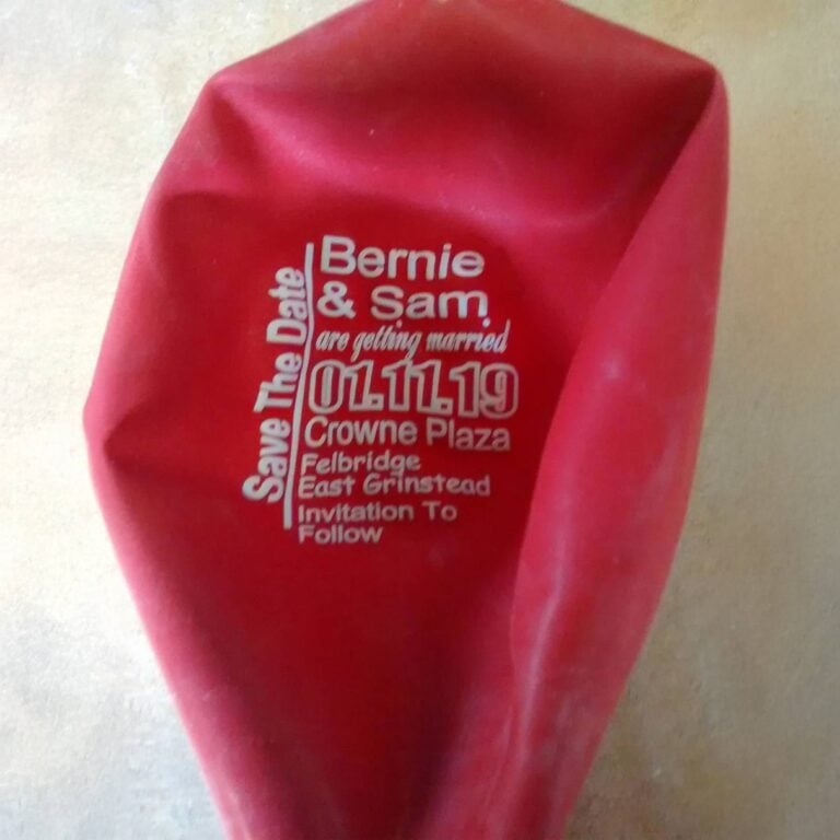 Custom printed red balloon save-the-date for Bernie and Sam’s wedding