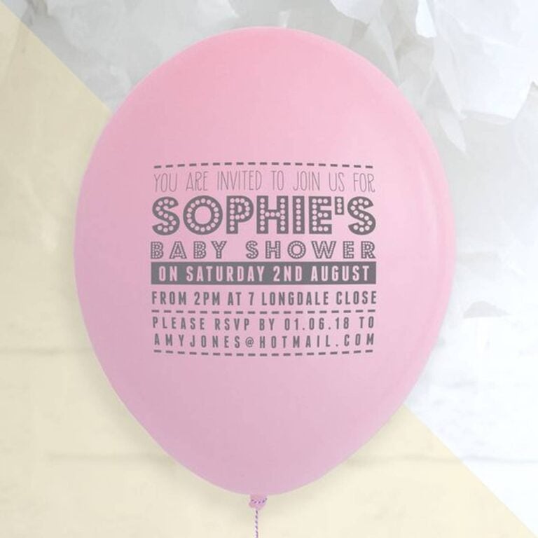 Custom printed pink balloon invitation for Sophie’s baby shower with date and RSVP details