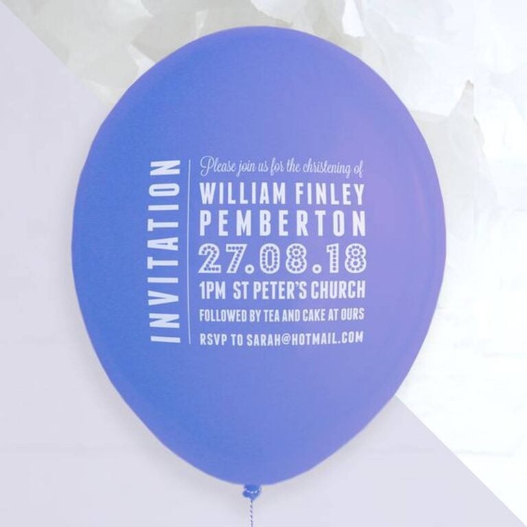 Custom printed purple balloon invitation for a christening with the baby’s full name and date