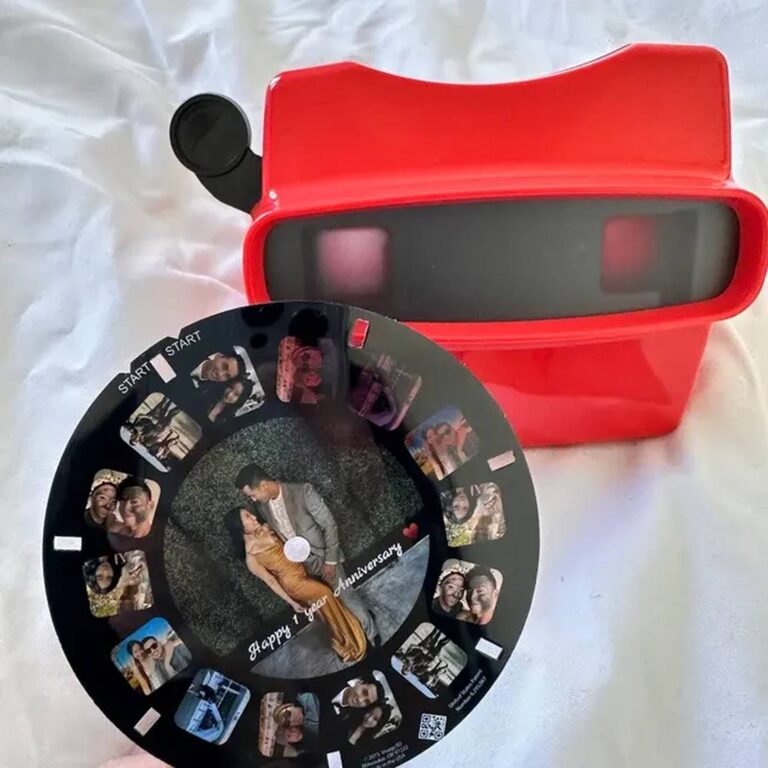 Custom photo reel and red viewer, ’Happy 1 Year Anniversary’, with couple’s photo center