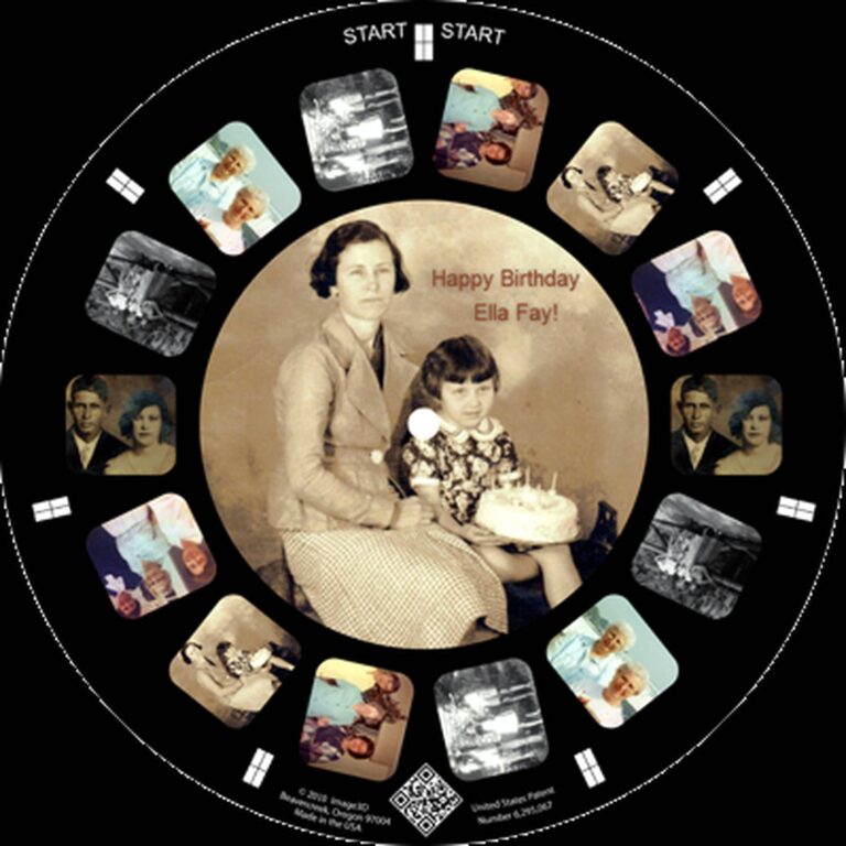 Custom reel and viewer, ’Happy Birthday Ella Fay!’, vintage sepia photo center among heirloom photos