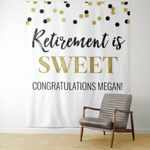 Personalized 'retirement is sweet' custom tapestry retirement party or dessert table backdrop