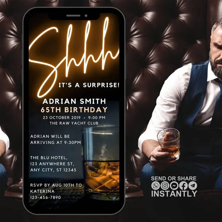 Surprise 65th birthday custom video invitation phone mockup with neon Shhh design
