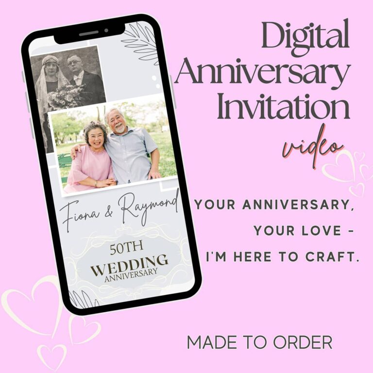 Custom video invitation phone mockup for a 50th wedding anniversary with vintage and current couple photos