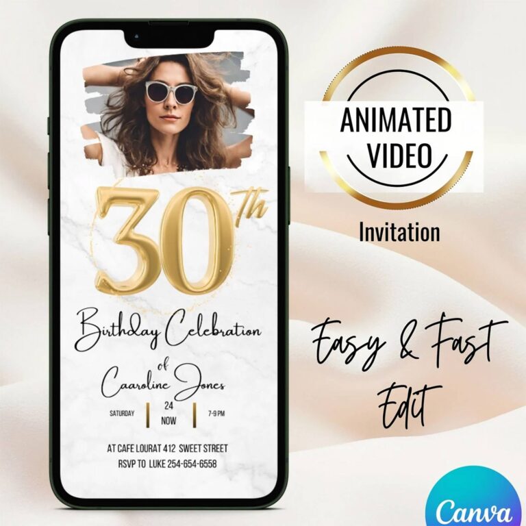 Custom 30th birthday video invitation phone mockup with gold balloon numbers and photo