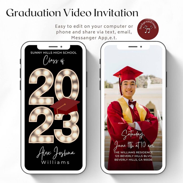 Custom graduation video invitation phone mockups showing Class of 2023 design and graduate photo