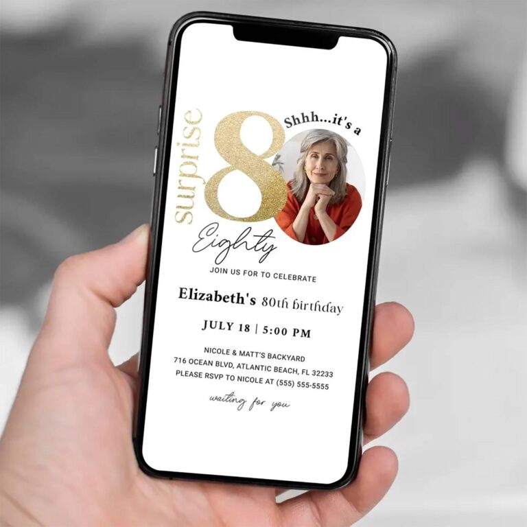 Surprise 80th birthday custom video invitation phone mockup held in hand