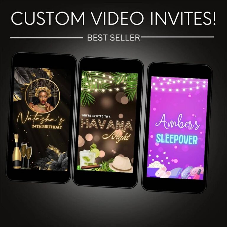 Custom video invitation examples on three phones for a birthday, Havana night, and sleepover