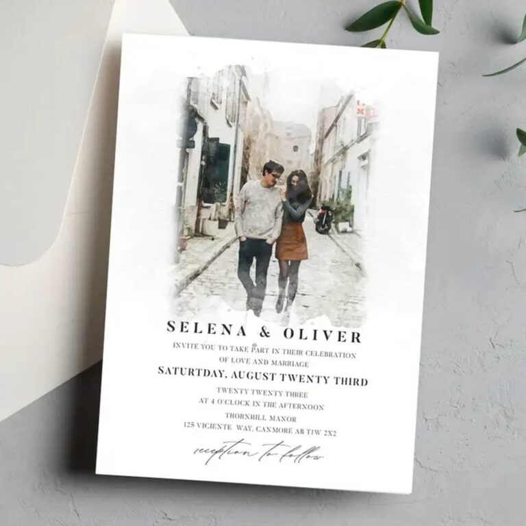 Custom watercolor wedding invitation for Selena & Oliver with a painted couple walking a European street