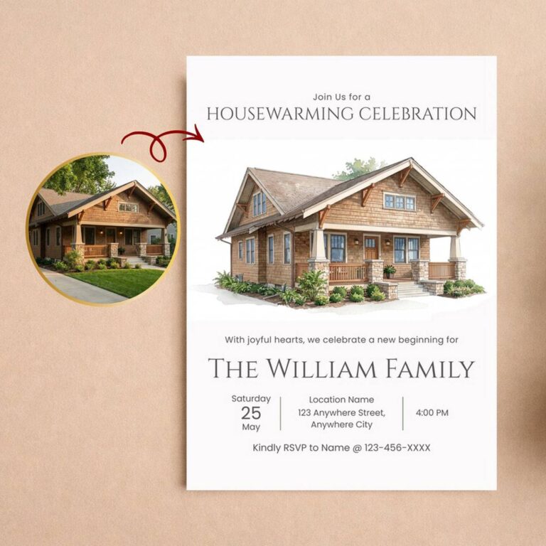 Custom watercolor housewarming invitation for the William family with a painted craftsman bungalow and reference photo