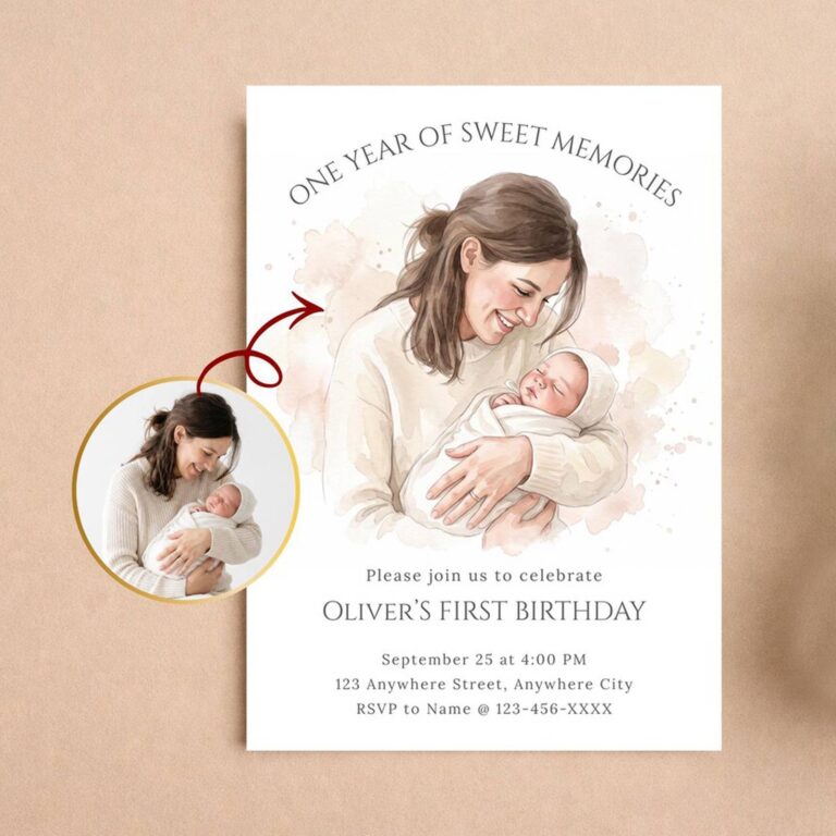 Custom watercolor first birthday invitation for Oliver with a painted portrait of a mother holding her baby