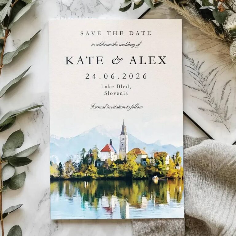 Custom watercolor save the date for Kate & Alex with a painted lakeside village at Lake Bled, Slovenia
