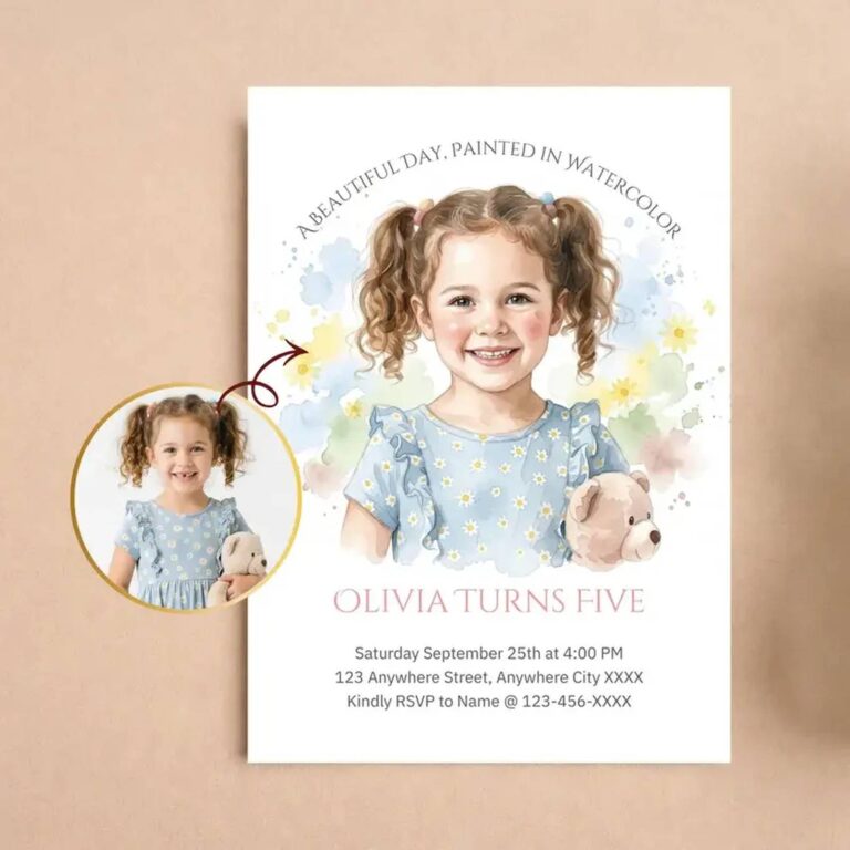 Custom watercolor birthday invitation for Olivia Turns Five with a painted portrait of a girl with curly pigtails holding a teddy bear