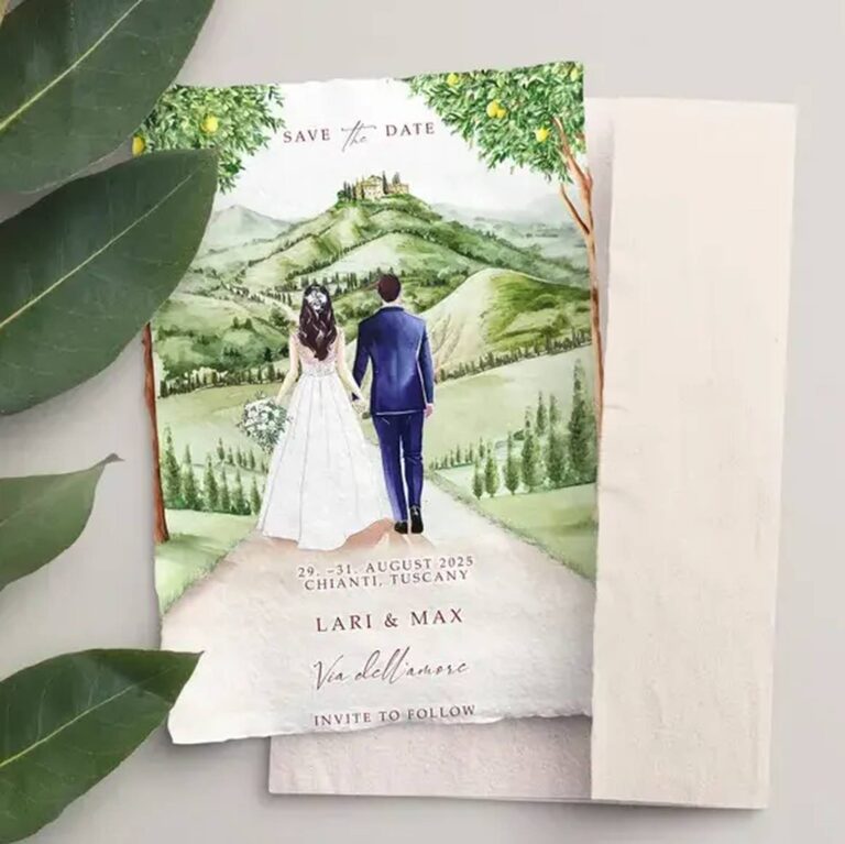 Custom watercolor save the date for Lari & Max with a painted couple walking through Tuscan countryside