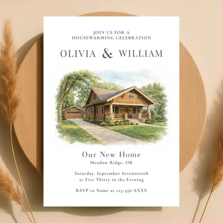 Custom watercolor housewarming invitation for Olivia & William with a painted craftsman house, Meadow Ridge