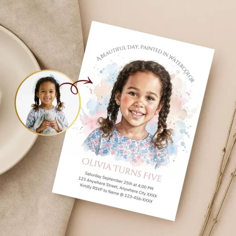 Custom watercolor birthday invitation for Olivia Turns Five with a painted portrait of a girl with braided pigtails holding a bunny