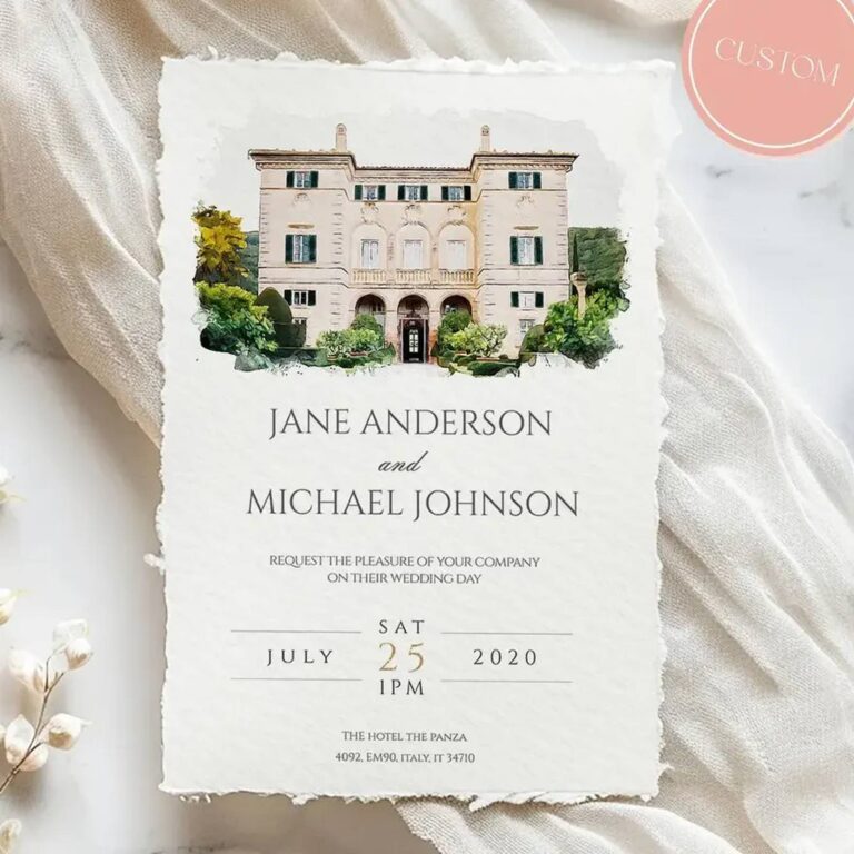 Custom watercolor wedding invitation for Jane Anderson and Michael Johnson with a painted Italian villa