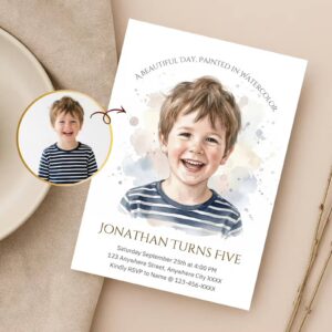 Custom watercolor birthday invitation for Jonathan Turns Five with a painted portrait of a boy in a striped shirt