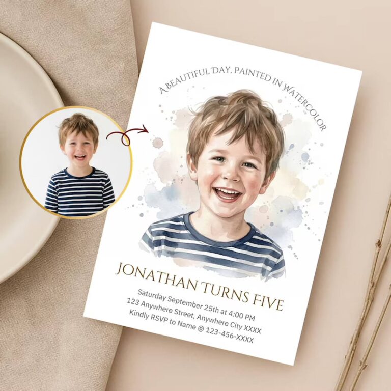 Custom watercolor birthday invitation for Jonathan Turns Five with a painted portrait of a boy in a striped shirt