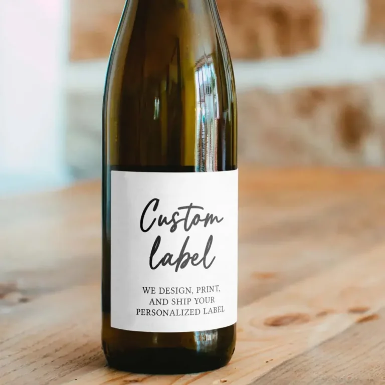 Wine bottle with a plain custom label reading Custom Label, we design print and ship your personalized label