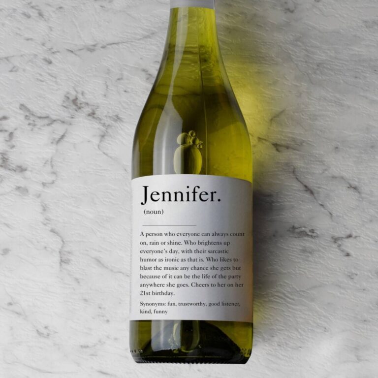 Wine bottle with a “Jennifer. (noun)” definition-style label for a 21st birthday