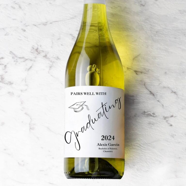 Wine bottle with a “Pairs Well With Graduating” label for Alexis Garcia’s chemistry degree
