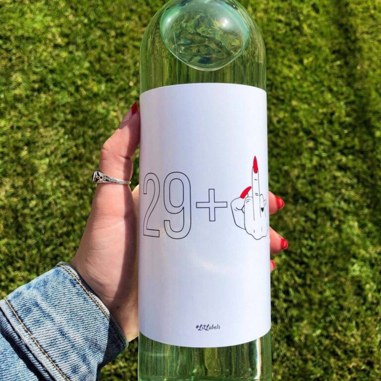 Wine bottle with a cheeky “29+” middle-finger birthday label from #LitLabels