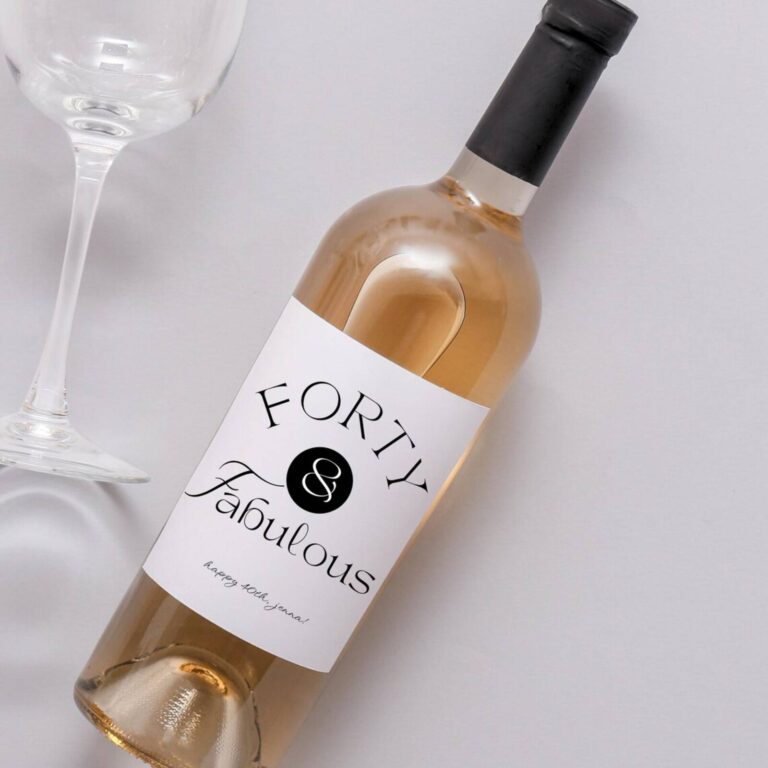 Wine bottle with a “Forty & Fabulous” label reading “happy 40th, Jenna!”