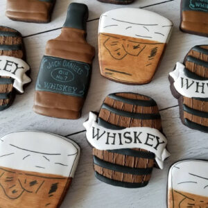 Jack Daniels whiskey themed decorated cookies