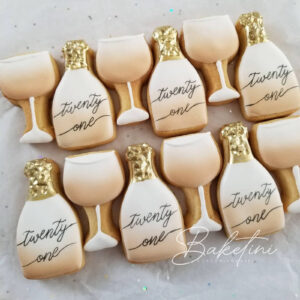 21st birthday champagne bottle and glasses themed decorated cookies
