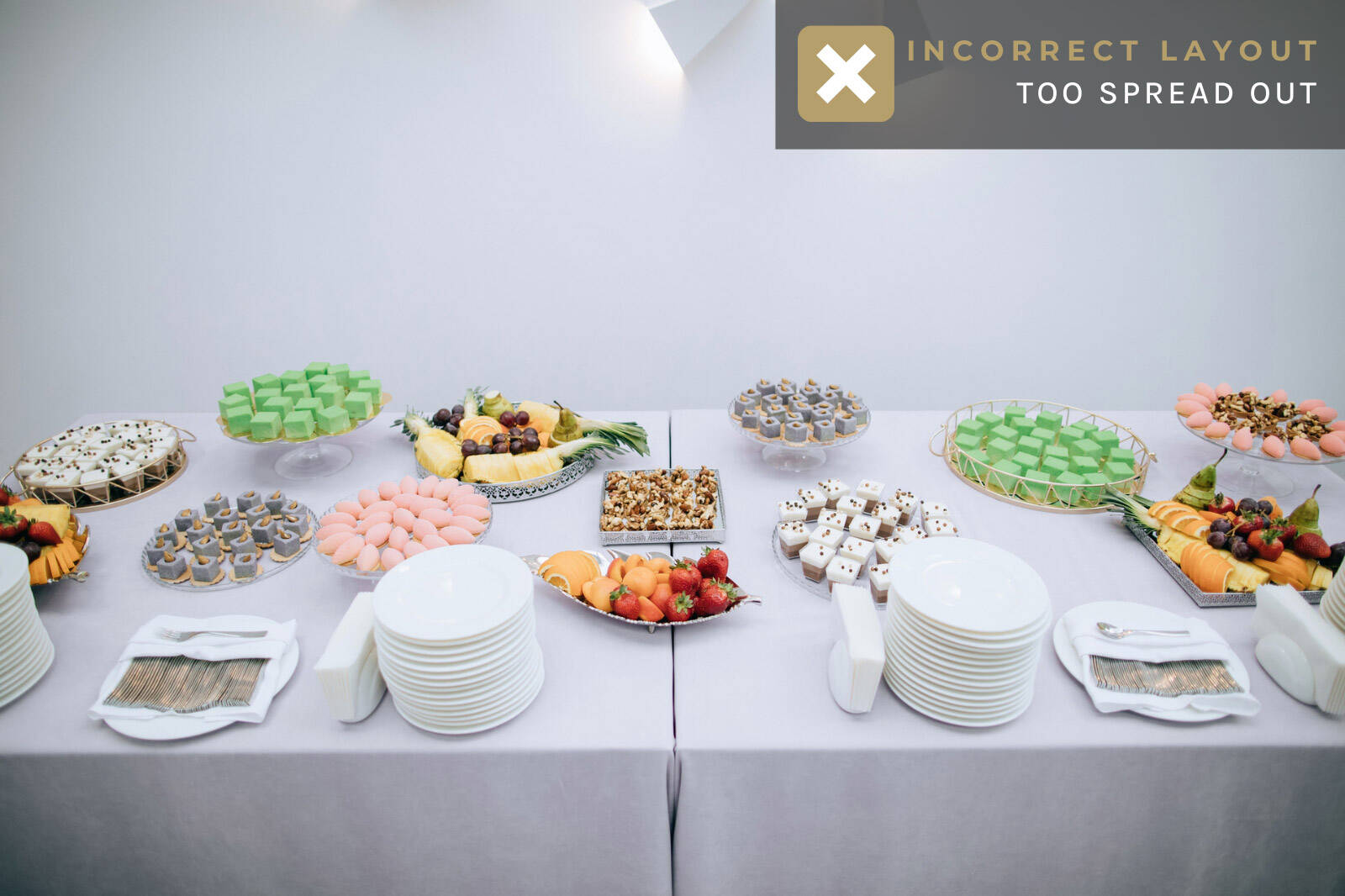 example of an incorrect dessert table layout with serving plates too spread out
