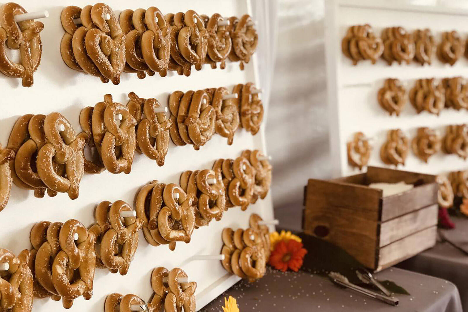 a pretzel wall to add height to your dessert table