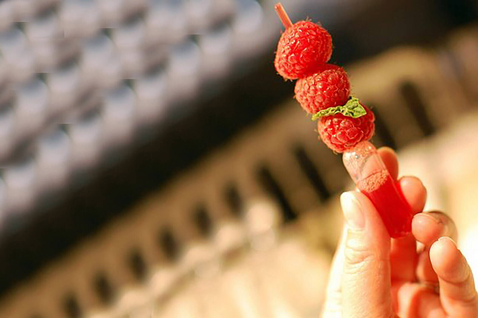 raspberries skewered onto pipettes filled with raspberry sauce